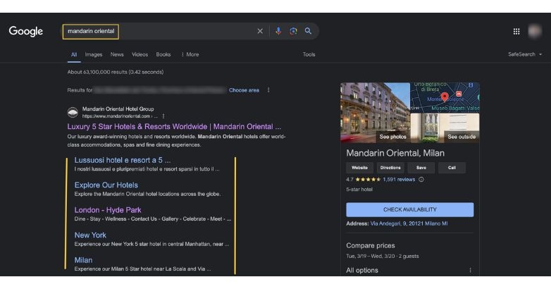 Google search results for Mandarin Oriental, focusing on digital marketing techniques like schema markup for travel.