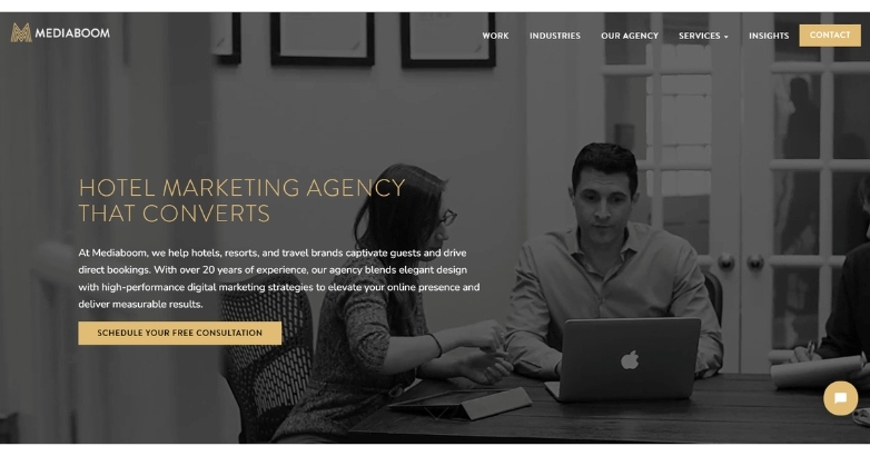 Website design for Mediaboom, showcasing Best SEO Hotel Agencies with a professional layout and user-friendly interface.