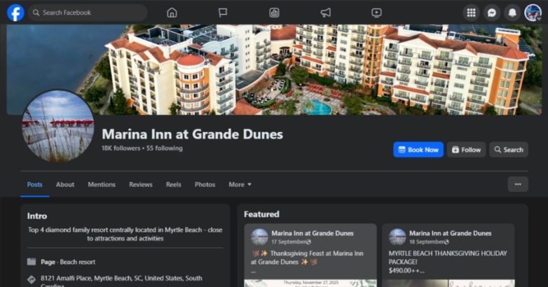 Marina Inn at Grande Dunes, highlighted their Facebook for hotels on a business page.