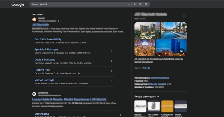Google search results displayed on a desktop, featuring online marketing for hotels and targeted advertising campaigns.