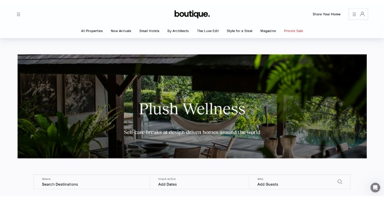 Elegant website design of the BoutiqueHomes, ideal for vacation rentals, featuring a tranquil atmosphere.