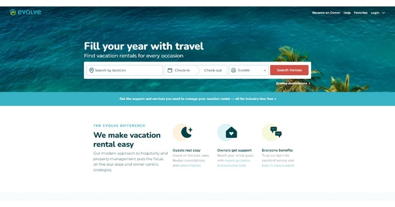 Vacation rental website design showcasing Evolve platform with search and user-friendly experience