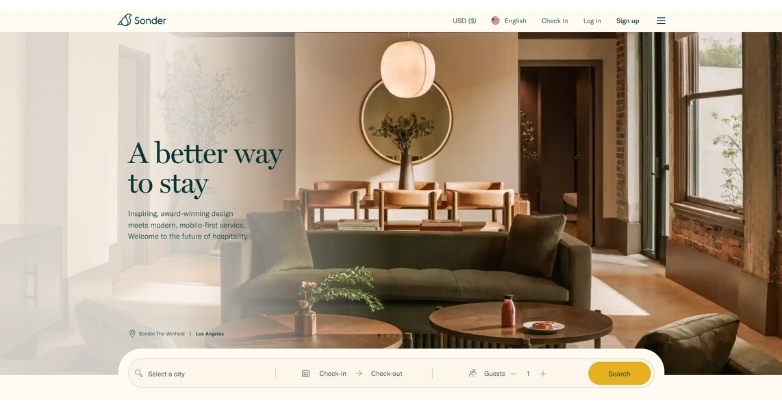 Sonder's website featuring modern luxury and sleek design with high-quality imagery.