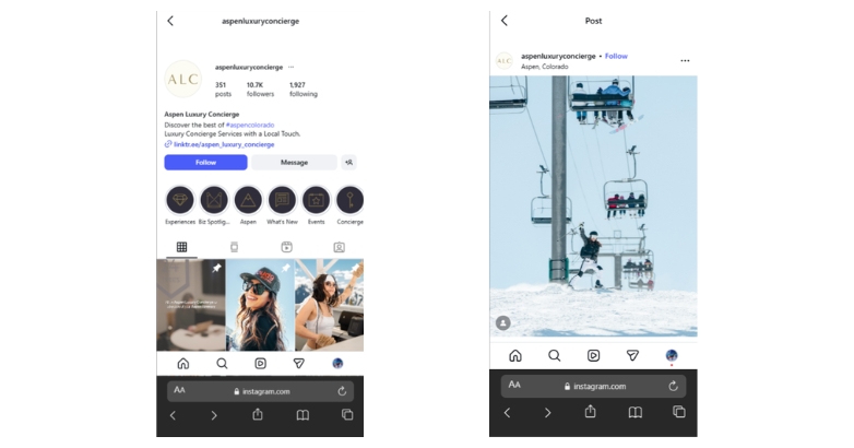 Two screens display the same image of a ski lift, promoting hotel services through social media advertising.