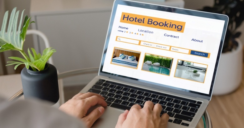 A laptop screen shows a hotel booking site focused on member perks and innovative marketing ideas for hotel reservations.