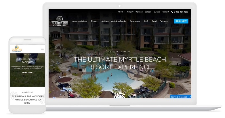 A stunning beach resort website showcasing luxurious accommodations and vibrant hotel marketing strategies for Marina Inn.