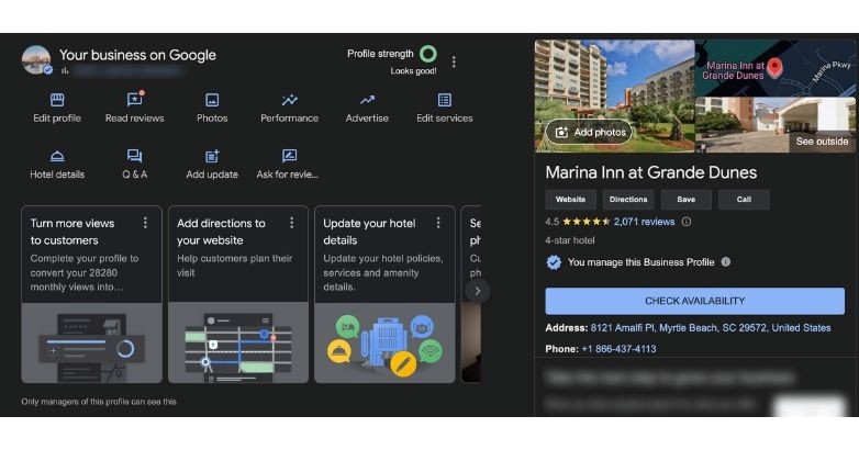 Computer screen showing the Google app, focused on strategies for enhancing hotel marketing via Google Business Profile.