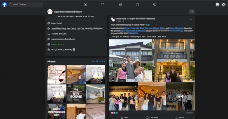 Screenshot of the Facebook app displaying a photo of guests enjoying their stay, promoting social media sharing for hotels.