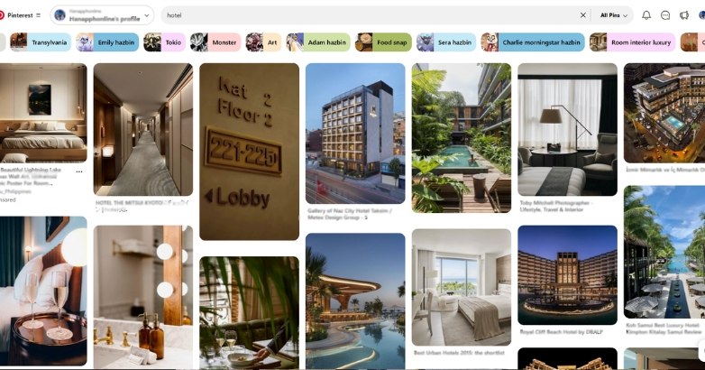 A Pinterest board filled with hotel images, emphasizing social media marketing for the hospitality industry.