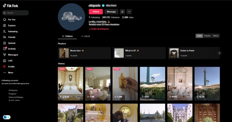 Social media page for a hotel displayed on TikTok, showcasing amenities and guest experiences through engaging videos.
