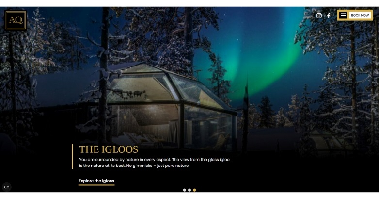 Gloos hotel website showcasing custom design for Aurora Queen Resort in Finland, highlighting its unique features.