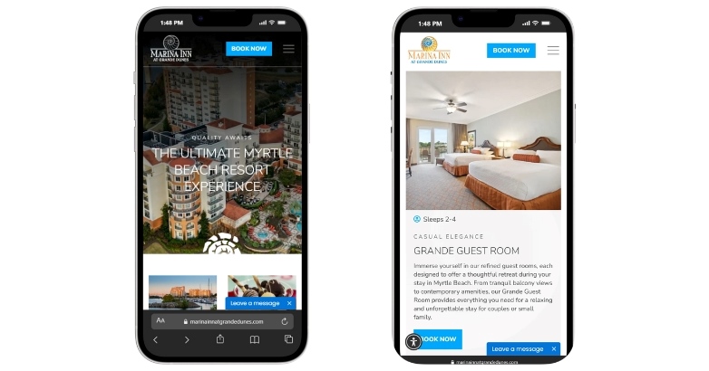 Two iPhones showcasing a hotel website featuring a responsive and mobile-first design for optimal viewing.