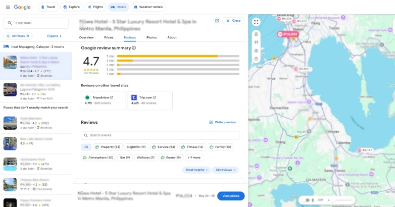Google Maps highlighting a hotel’s location with high rates, connected to current trends in hospitality marketing and reputation management.
