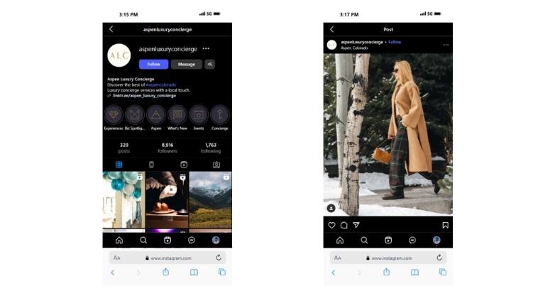 Aspen Instagram posts in mobile view, emphasizing the role of social commerce in hospitality marketing trends.