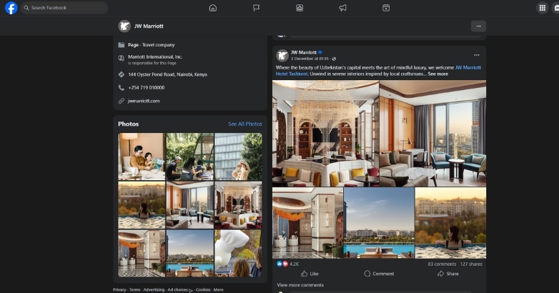 Facebook page for JW Marriott Nairobi showcases luxury hotel interiors and exteriors, contact details, and a post highlighting Uzbek-inspired design, enhancing its social media presence