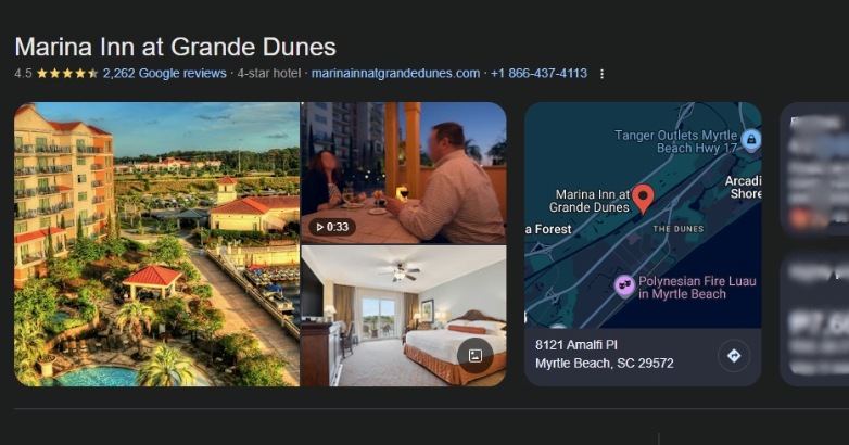 The Marina Inn at Grande Dunes, featuring a visual representation of hotel marketing KPIs, online ratings, and guest reviews.