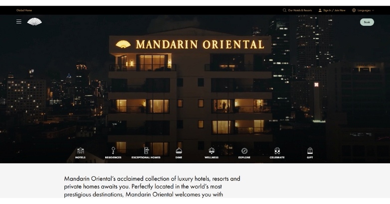 The Mandarin Oriental website features large scale imagery destinations with easy navigation menu and modern website design