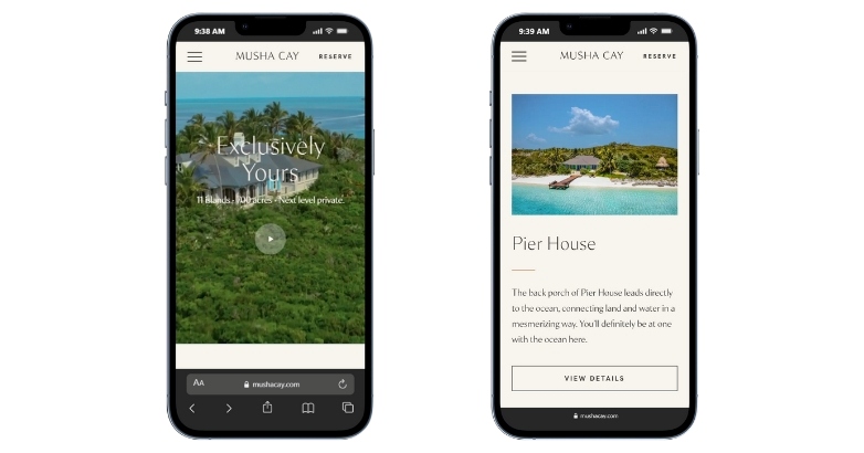 Two smartphones showcase a resort's website, emphasizing mobile-first and responsive design trends in hotel website design.