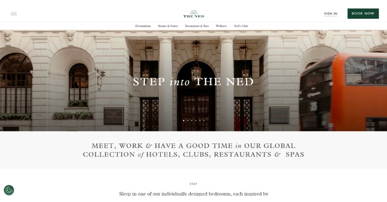 Website showcasing a feature on hotel design trends, specifically highlighting The Ned London.