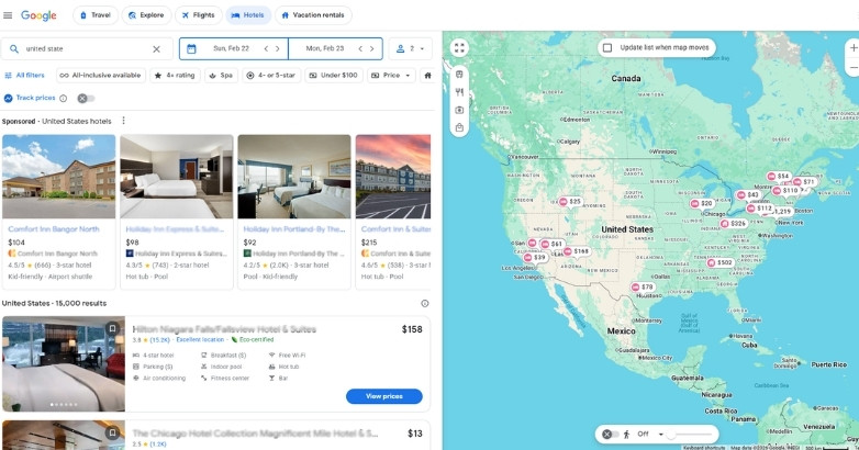 Google Maps showing multiple hotels and review ratings