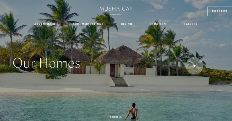 Website for a luxury Musha Cay highlighting high-converting landing pages for hotel marketing efforts.