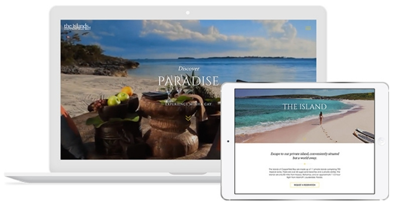 Hotel website redesign for Musha Cay, highlighting its tropical beauty and luxury.