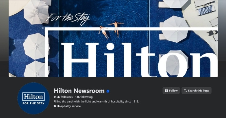 Facebook page of Hilton's newsroom featuring social media advertisements for their hotels and resorts, highlighting special offers.
